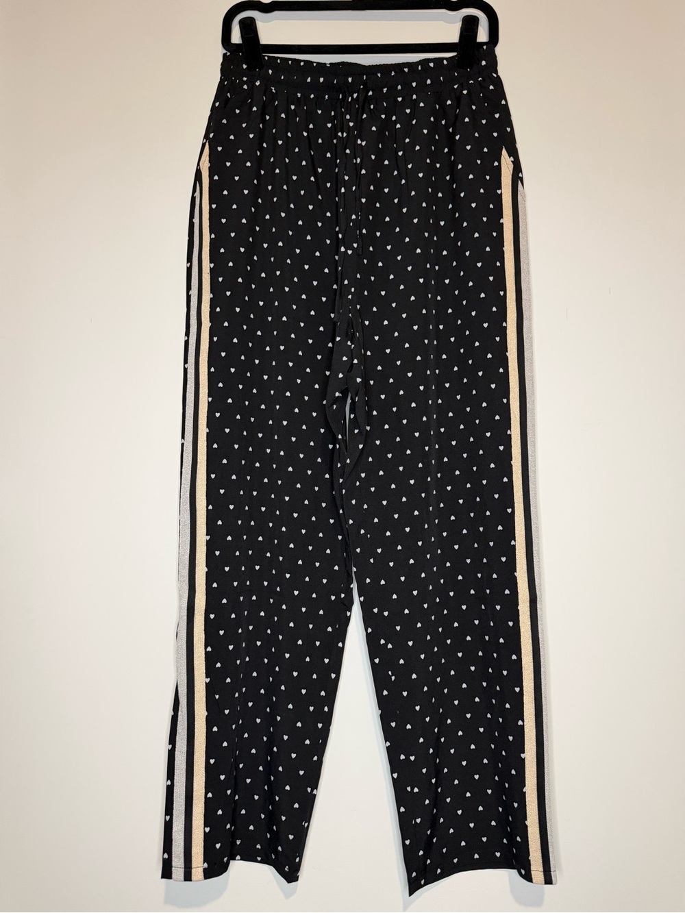 Hem & Thread Black Heart Print Pants with Gray/Peach Stripes